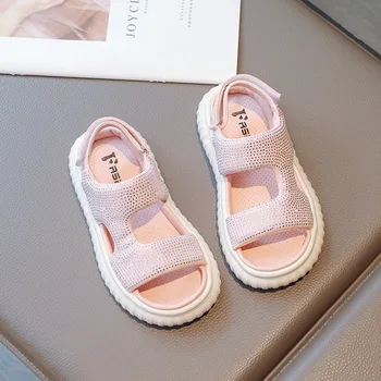 Летние простые розовые детские сандалии Новая детская школьная обувь для малышей, блестящие пляжные сандалии принцессы для девочек