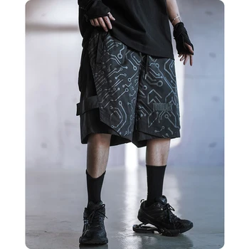Летние унисекс в функциональном стиле, киберпанк, светоотражающие шорты, брюки, готическая уличная одежда, мужская одежда Harajuku, хип-хоп, oversize