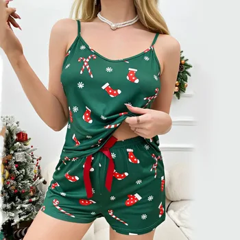 Летняя женская сексуальная Рождественская пижама, шорты-камзол, одежда в виде снежинок, Повседневная Удобная домашняя одежда, комплект из двух предметов