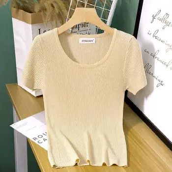 Летняя новая универсальная тонкая трикотажная футболка, женский пуловер с коротким рукавом и круглым вырезом.