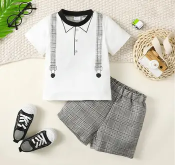 Летняя одежда для мальчиков, наряды 12-24 м, мужские рубашки с короткими рукавами, топы и шорты, 2 шт. / компл., одежда для малышей