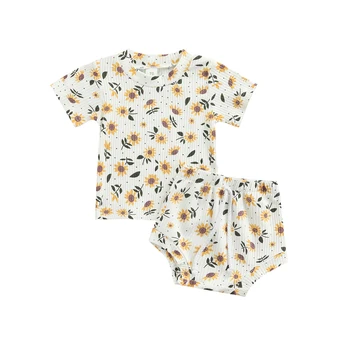 Летняя одежда для Новорожденных девочек, комплект из 2 предметов, футболка с коротким рукавом и рисунком подсолнуха, трикотажная футболка + шорты, комплект