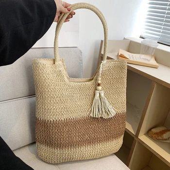 Летняя плетеная сумка из соломы контрастного цвета с кисточками, плетеная сумка для подмышек, большая вместительная сумка ручной работы, повседневная, простая для путешествий