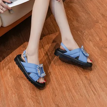 Летняя элегантная женская обувь 2023 года на толстой платформе, Женские босоножки с перекрестной шнуровкой и круглым носком, Дышащая повседневная сексуальная женская обувь