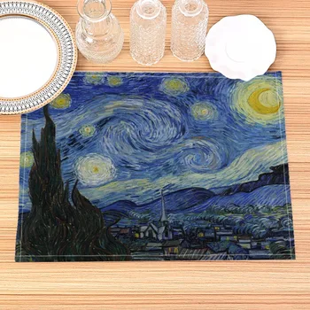 Льняные коврики для обеденного стола с принтом картины Ван Гога, Кухонная Салфетка, Подставки 32x45 см, Коврик для чаши и стакана