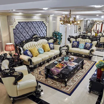 Мебель для гостиной Европейский кожаный диван из черного дерева, гостиная на роскошной вилле высокого класса, полный комплект мебели из массива дерева