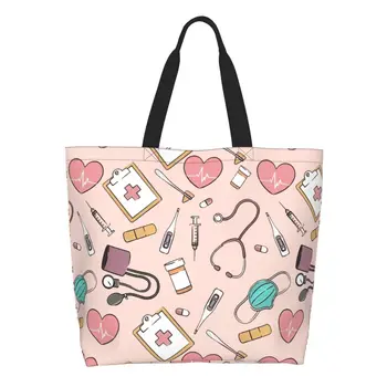 Многоразовая забавная хозяйственная сумка для медсестры, женская холщовая сумка через плечо, портативные сумки для покупок продуктов для медсестер
