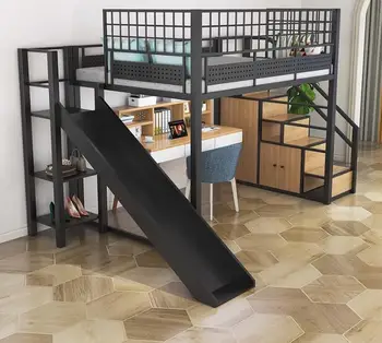 Многофункциональная кровать-чердак из кованого железа, простая кровать под столом, шкаф для лестниц, детская горка