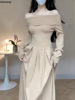 Модное винтажное трикотажное платье с вырезом лодочкой для женщин 2023, осень-зима, сексуальные платья с высокой талией, Французские шикарные Элегантные платья