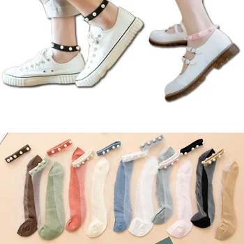 Модные шелковые носки на щиколотке с жемчугом и кристаллами, женские дышащие Тонкие Летние Невидимые носки в корейском стиле, Повседневные носки для женщин и девочек