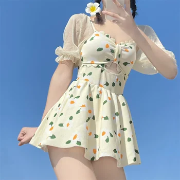 Модный цельный купальник в корейском стиле, женский Белый купальник с цветочным принтом, открытая юбка, сетчатый праздничный купальник с коротким рукавом