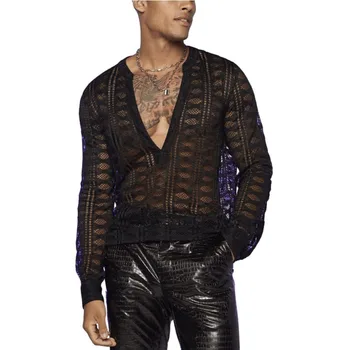 Мужская модная прозрачная рубашка из кружевной сетки, осенняя новая рубашка, мужской повседневный свободный пуловер с длинным рукавом и V-образным вырезом, Стрейчевая рубашка