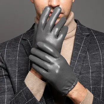 Мужские осенне-зимние перчатки из натуральной кожи с отверстиями, мужские зимние перчатки из натуральной овчины с сенсорным экраном для вождения R235