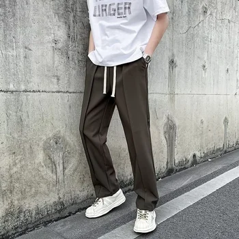 Мужские тонкие прямые повседневные брюки, летние Новые дышащие Модные уличные мужские брюки Harajuku с эластичной резинкой на талии, мешковатые драповые брюки