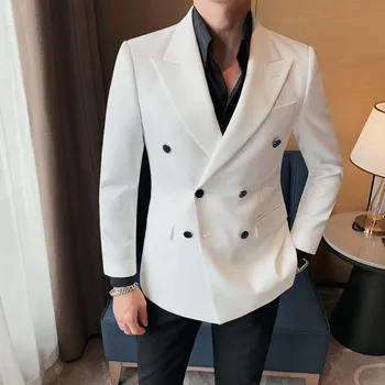Мужской двубортный приталенный пиджак-блейзер, повседневный мужской костюм, Модный мужской пиджак-блейзер Masculino