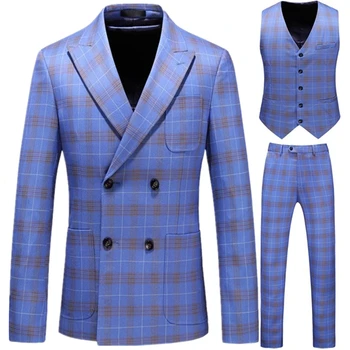 Мужской костюм в полоску, высококачественный джентльменский двубортный блейзер, комплект из 3 предметов, приталенный Свадебный мужской блейзер, куртка, пальто, брюки, жилет
