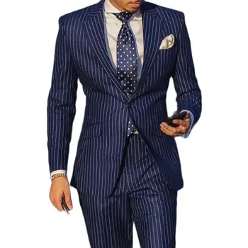 Мужской костюм в полоску Темно-синего цвета, Приталенный Деловой смокинг для жениха, свадебный смокинг на заказ, Узкий пиджак на одной пуговице для выпускного вечера с брюками, комплекты