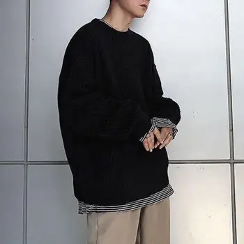 Мужской свитер свободного кроя, мужской свитер в корейском стиле, Стильный Корейский мужской вязаный свитер свободного кроя, однотонный осенний свитер с круглым вырезом