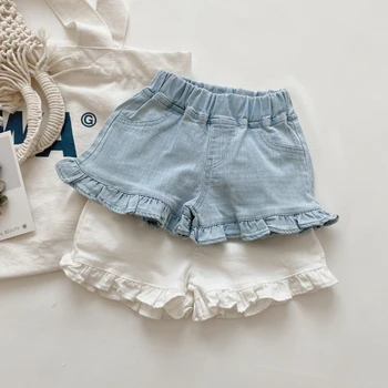 Мягкие джинсы для девочек, джинсовые шорты, хлопковая летняя одежда для малышей от 1 до 8 лет, юбка с деревянными ушками, Короткие штаны, модная детская одежда