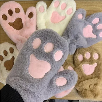 Мягкие плюшевые перчатки с милой кошачьей лапой, зимние толстые теплые перчатки для рук, женские и женские повседневные варежки для верховой езды из корейского кроличьего меха на полный палец