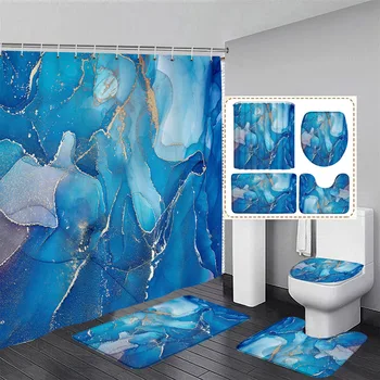 Набор штор для душа из синего мрамора С современным геометрическим художественным рисунком, декор для ванной комнаты, Нескользящий коврик, коврики для ванной, крышка унитаза