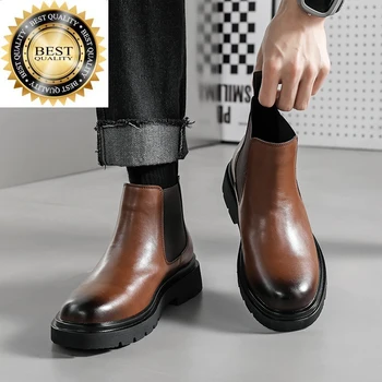 Настоящие мужские дизайнерские кожаные Новые ботинки, туфли с высоким берцем в британском стиле, бархатные теплые деловые короткие ботинки