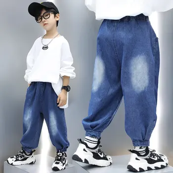 Новые детские свободные спортивные винтажные повседневные джинсы с высокой талией для мальчиков Модные брюки-карандаш Весна-осень Детские синие джинсовые брюки