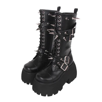 Новые женские летние мотоциклетные ботинки ручной работы в стиле панк, женская обувь в темном стиле, женские туфли-лодочки на высоком каблуке в готическом стиле, заклепки 10 см, черный 7002