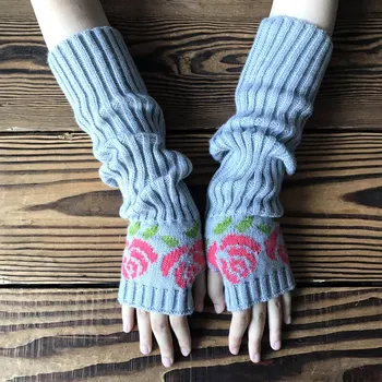Новые зимние розовые вязаные перчатки на полпальца, удлиненные жаккардовые шерстяные перчатки с ровной рукой, женские