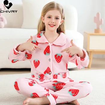 Новые осенне-зимние Детские утепленные Фланелевые пижамы для маленьких мальчиков и девочек, Комплекты одежды с длинными рукавами и отворотами из мультфильмов, Пижамы