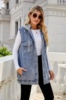 Новый винтажный джинсовый жилет-куртка Женская однотонная без рукавов, Свободные повседневные женские пальто