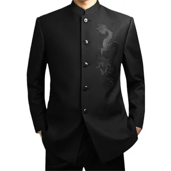Новый черный Китайский костюм-халат, Мужской Традиционный Костюм с воротником-стойкой, одежда лидера АТЭС, Мужской Костюм с вышивкой в виде Тотема Дракона, Костюм Тан