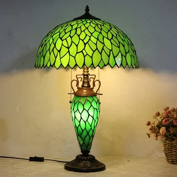 Ночник LongHuiJing Tiffany 16-дюймовые лампы с витражным стеклом в стиле зеленых листьев, настольные лампы с акцентом в виде листьев в фермерском доме