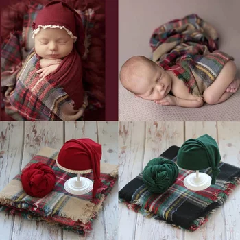 Одежда для рождественской фотосъемки новорожденных, 3 шт., комплект для фотосъемки, Шляпа + накидка + клетчатое одеяло, Красный, зеленый, 2 цвета