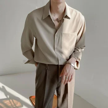 Однотонная рубашка с длинным рукавом и воротником, однобортная, Свободная, повседневная, Корейская весенне-осенняя Новая мужская одежда в стиле панк