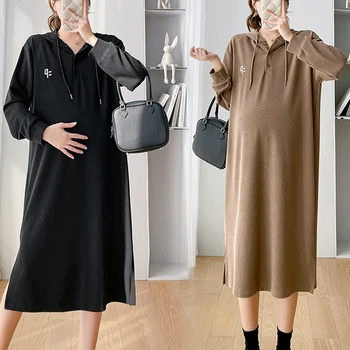 Осенне-зимнее платье для беременных, повседневная одежда в стиле пэчворк с длинными рукавами, Свободная одежда с капюшоном, юбка