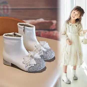 Осенне-зимние детские модные ботинки, плюшевые зимние ботинки для девочек, детские нескользящие Короткие кожаные ботинки с бантом, Детская повседневная обувь, кроссовки