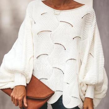 Осенне-зимние свободные трикотажные пуловеры для женщин, однотонный свитер полой вязки, женские элегантные пуловеры с круглым вырезом и длинным рукавом, топ