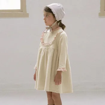 Осенняя Новая детская одежда, кружевное платье с длинными рукавами в стиле принцессы для девочек, Контрастное Винтажное милое платье для маленьких девочек, детская одежда