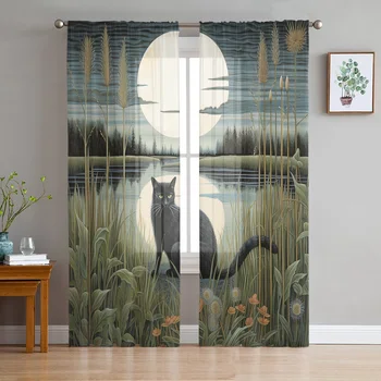 Отражение кошачьей Луны в джунглях, прозрачные шторы для гостиной, спальни, тюлевая занавеска для кухни, Вуалевые шторы, жалюзи
