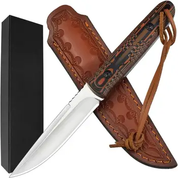 Охотничий нож с фиксированным лезвием D2 и ручкой G10 С кожаными ножнами Для мужчин, походный нож для выживания на открытом воздухе, Походный нож для кемпинга Портативный