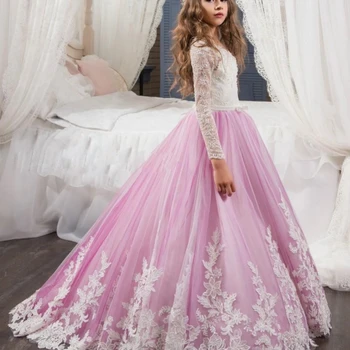 Платья с цветочным узором для девочек, пышные платья с длинными рукавами и V-образным вырезом для свадьбы, бархатные костюмы для дня рождения маленьких девочек, детские костюмы для причастия