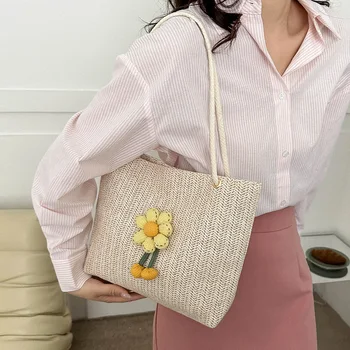 Плетеная из соломы сумка через плечо с цветочным украшением, женская сумка-мессенджер, однотонная сумка-тоут большой емкости, летняя пляжная дорожная сумка