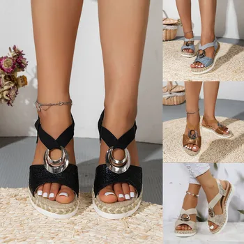 Повседневная римская обувь с наклонным дном, модные женские сандалии 9 размера, широкие нарядные сандалии, женские босоножки на танкетке без застежки для женщин