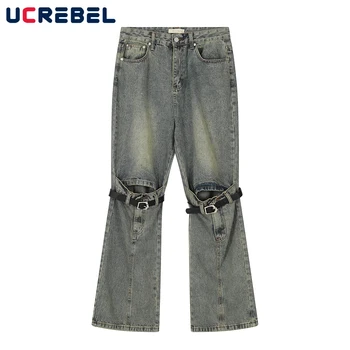 Потертые джинсы на высоких улицах, мужские Свободные сращенные украшения, Широкие брюки для мужчин