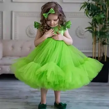 Простое зеленое платье с цветочным узором для девочек, свадебное платье принцессы с круглым вырезом, пышный тюль, конкурс красоты, Вечеринка по случаю дня рождения, Бальное платье для первого причастия