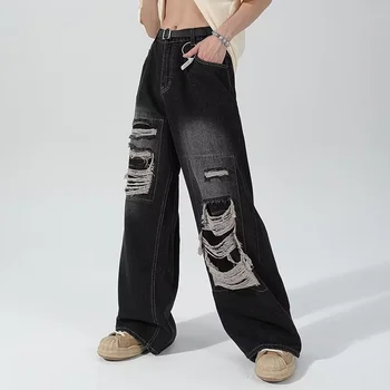 Прямые брюки для хай-стрит, Рваные джинсы, Свободные повседневные широкие брюки Y2K, летние Панковские мешковатые джинсы в стиле хип-хоп.