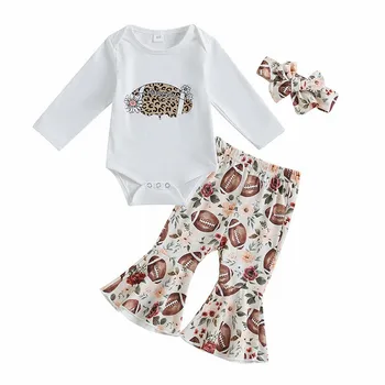 Расклешенные брюки с длинными рукавами и буквенным принтом в стиле регби для девочек, комплект из трех предметов, подходящий для младенцев в возрасте от 0 до 12 месяцев.