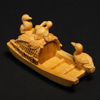Резьба по дереву с водоплавающими птицами из массива дерева Китайская Креативная Резьба Ремесла Бамбуковая лодка Чай Украшение дома