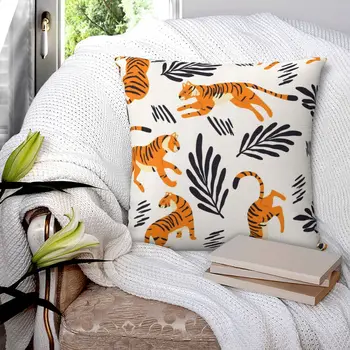 Рисунок тигра джунглей на белой квадратной наволочке, наволочка из полиэстера, декоративная удобная подушка на молнии для домашнего дивана